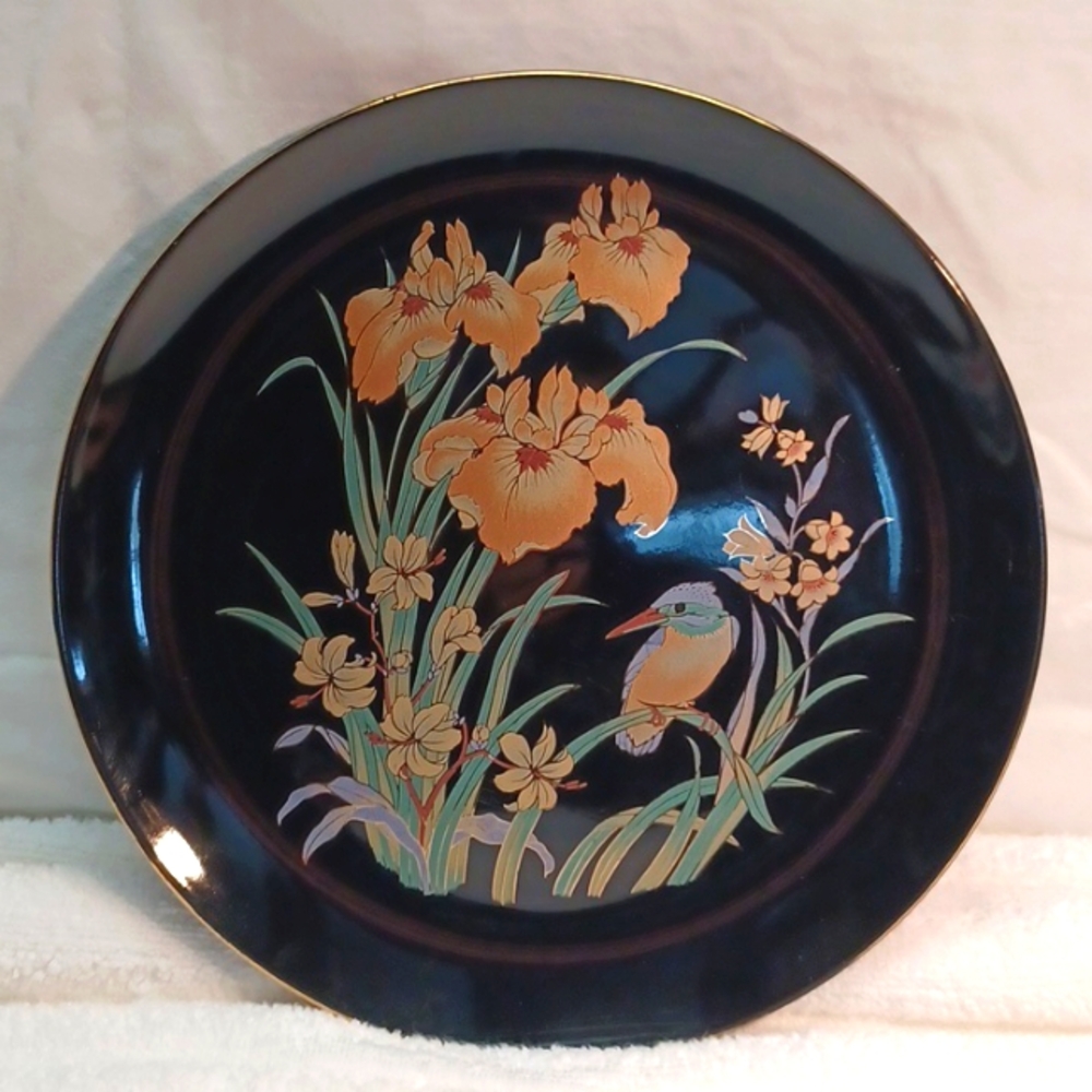 Vintage Japanese Decorative Plate. Black w/ Gold Trim / King Fisher & Irises.